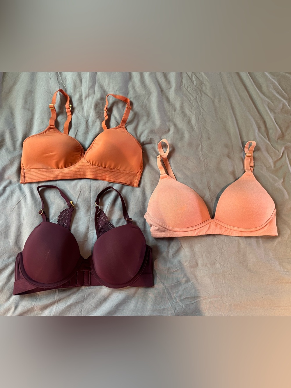 Lively Peach, Coral & Burgundy Bra Trio, 34B, Like/Brand New Condition, Cute Set